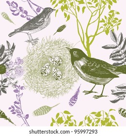 birds and nests. seamless pattern