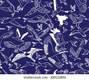 Birds night blue seamless pattern wallpaper. Group of  birds in dark blue background. Color vector illustration. EPS 8.