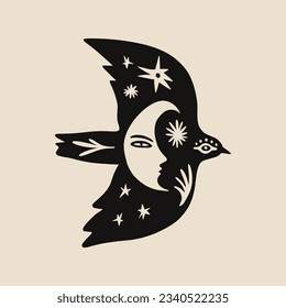 Birds with night folk moon ornament. Paper cut boho scandinavian style flat design. Hand drawn vector.