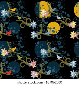 Birds in night garden pattern in four color variations vector background