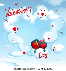Birds on the background of a cloud-heart. Frame for text or photo about Valentine's Day. Vector greeting card.