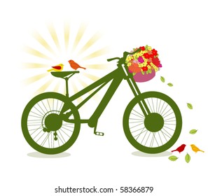 birds on a bicycle with basket of flowers