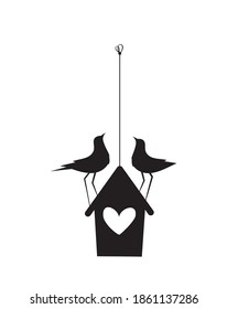 Aves en el pajar, vector. Cuta ilustración de caricatura. Decoración chilena aislada de fondo blanco. Siluetas de pájaros y pajarera con el corazón de la ventana. Obra artística minimalista, diseño artístico