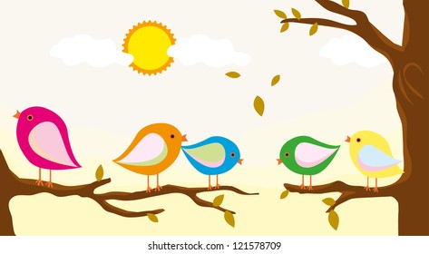 birds on blank tree with  autumn day background