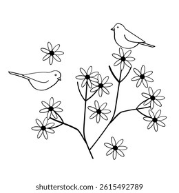 birds on the blooming branches black and white vector illustration