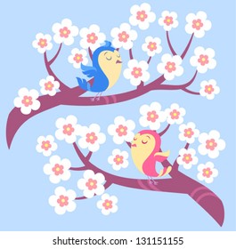 Birds on blossom tree branches
