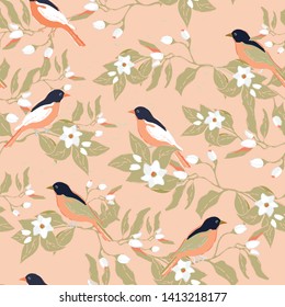 Birds on the blossoming orange trees, peach color background, vector illustration