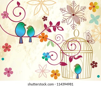 birds on a branch - bird by cage