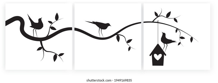 Birds on branch and bird house, vector. Three pieces minimalist poster art design. Birds silhouettes illustration isolated on white background. Wall art, artwork, wall decals. Canvas art printing