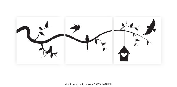 Birds on branch and bird house, vector. Three pieces minimalist poster art design. Birds silhouettes illustration isolated on white background. Wall art, artwork, wall decals. Canvas art printing