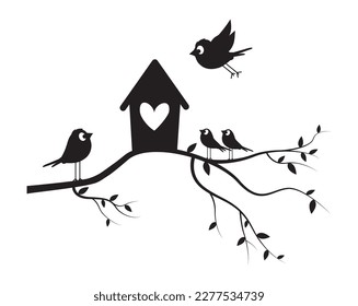 Birds on branch and bird house, vector. Cute cartoon illustration. Birds silhouettes illustration isolated on white background. Wall art, artwork, wall decals. 