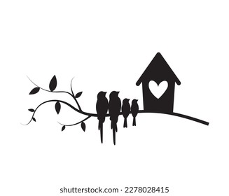 Birds on branch and bird house, vector. Cute cartoon illustration. Birds silhouettes illustration isolated on white background. Wall art, artwork, wall decals. 