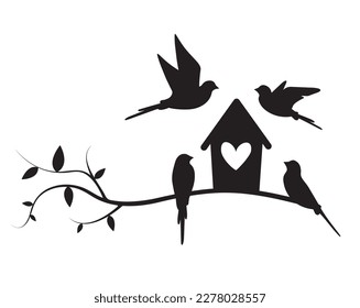 Aves en la sucursal y la casa de pájaros, vector. Cuta ilustración de caricatura. Ilustración de siluetas de aves aisladas en fondo blanco. Arte mural, arte, decoraciones murales. 