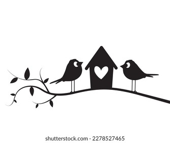 Birds on branch and bird house, vector. Cute cartoon illustration. Birds silhouettes illustration isolated on white background. Wall art, artwork, wall decals. 
