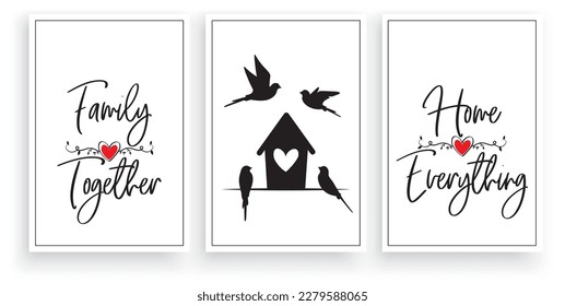 Birds on branch and bird house, vector. Cute cartoon illustration. Birds silhouettes illustration isolated on white background. Wall art, artwork, wall decals. 