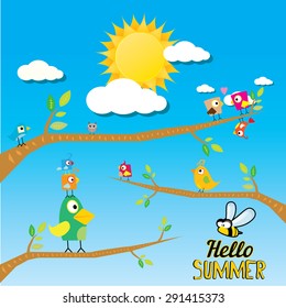 birds on branch. cartoon summer illustration. summer kids background