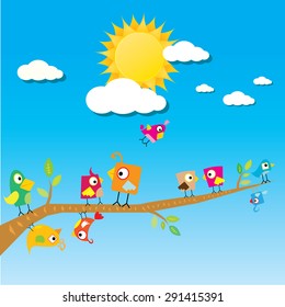 birds on branch. cartoon summer illustration. summer kids background