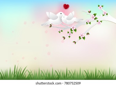 Birds on the branch with flowers paper art style, Valentine concept paper craft style illustration