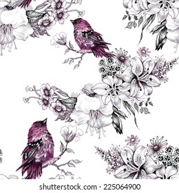 Birds on branch with flowers seamless pattern on white background vector illustration