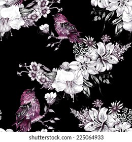Birds on branch with flowers seamless pattern on black background vector illustration