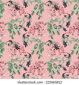 Birds on branch with flowers seamless pattern on pink background vector illustration