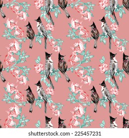 Birds on branch with flowers seamless pattern on pink background vector illustration