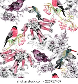 Birds on branch with flowers seamless pattern on white background vector illustration