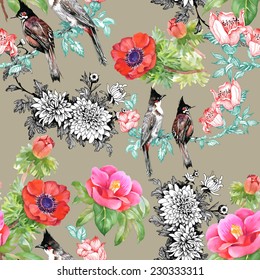 Birds on branch with flowers seamless pattern on beige background vector illustration