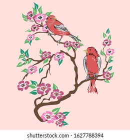 Birds on a branch with flowers. Vector illustration.