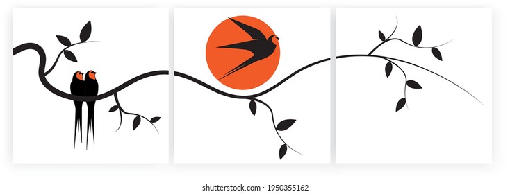 Birds on branch and flying bird silhouette, vector. Three pieces minimalist poster art design. Swallow illustration isolated on white background. Wall art, artwork, wall decals. Canvas art printing