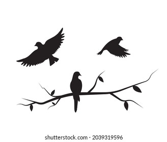 Birds on a branch and flying bird silhouette, vector. Birds illustration, illustration. Wall decals, art decoration, wall artwork. Birds silhouette on branch isolated on white background