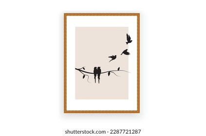 Birds on branch and flying birds silhouette, vector. Minimalist poster design in wooden frame. Wall art design