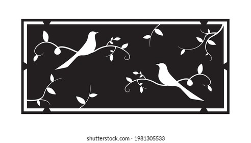 Birds on branch on frame of a window, vector. Birds silhouettes on wire isolated on white background. Black and white wall decals, art design, wall artwork. Metal art design