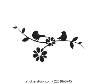 Birds on branch isolated on white background, vector. Birds silhouettes on branch in spring, illus. Wall decals, artwork, wall art design. Natural background. Beautiful minimalist art design