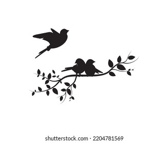 Aves en rama aisladas en fondo blanco, vector. Siluetas de pájaros en una rama en primavera, ilusiones. Decárigos, obras de arte, diseño de arte mural. Fondo natural. Bonito diseño de arte minimalista