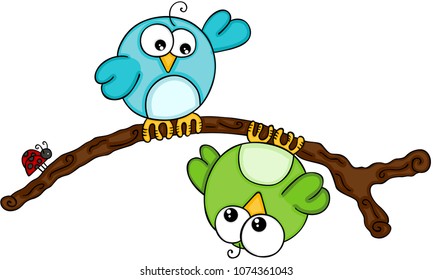 Birds on branch with ladybug