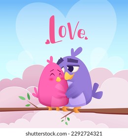 Birds on branch. loving couple of cartoon birds sitting together. Vector illustration
