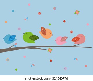 birds on branch. pattern. patterns on the wings. colorful. background