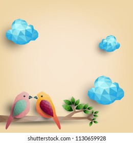 Birds on branch from polygonal shapes, vector illustration.