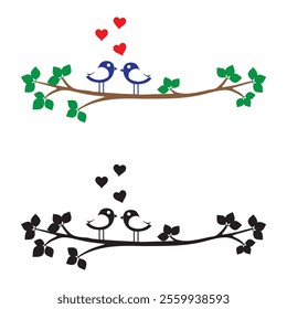 Birds on a Branch with Red Hearts in Color and Silhouette