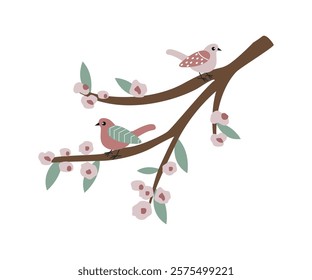 Birds on a branch. Sakura branch and colorful birds. Design in flat style. Elements of spring decor. Vector illustration.