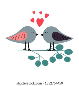 Birds on a branch in Scandinavian style. Love. Romance. Vector. On a white background.
