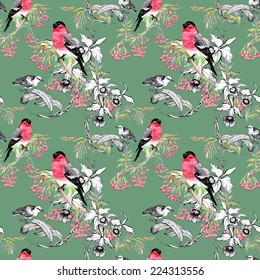 Birds on branch seamless pattern on green background vector illustration