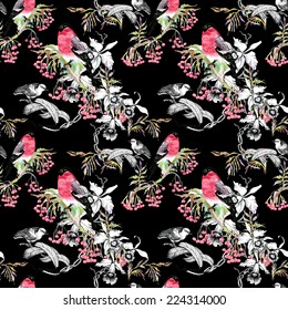 Birds on branch seamless pattern on black background vector illustration