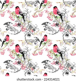 Birds on branch seamless pattern on white background vector illustration