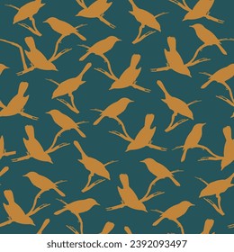 Birds on branch seamless pattern. Vector cartoon illustration.