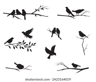Birds on branch silhouette set, vector illustration isolated on white background. Wall decals, wall artwork, birds on tree design, birds silhouette. Art design, wall design  svg