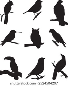 Birds on branch silhouette set