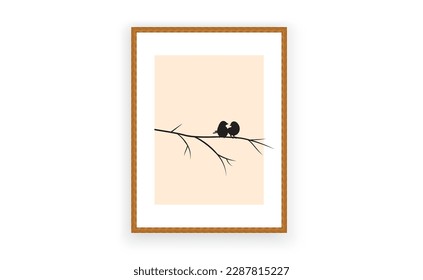 Birds on branch silhouette, vector. Minimalist poster design in wooden frame. Wall art design