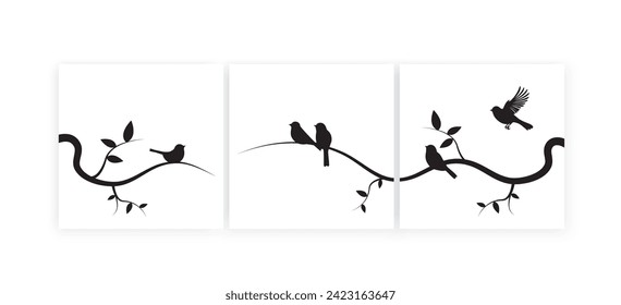 Birds on branch silhouette vector. Black and white wall artwork, birds on tree design, birds silhouette. Art design isolated on white background, three pieces poster design svg